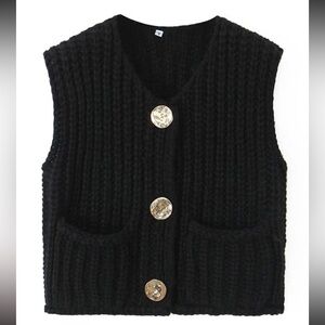 Bold Golden Buttons Patch Pocket Chunky Knit Vest in Black XS-S
